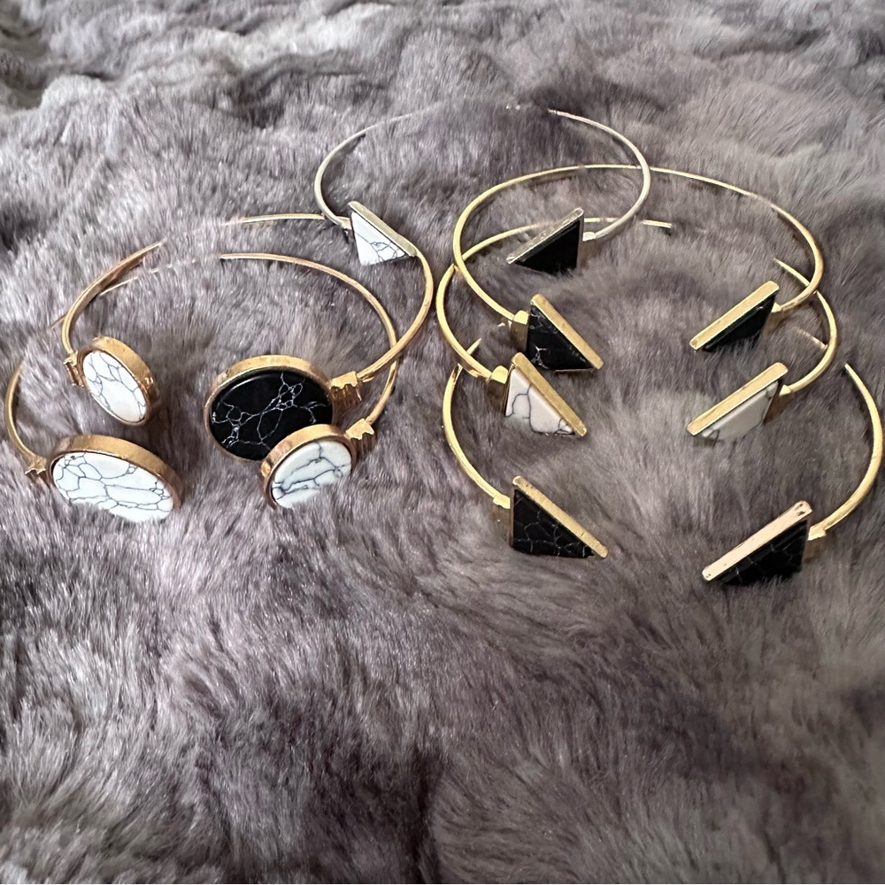6 Black White Marble Bangle Bracelet Set